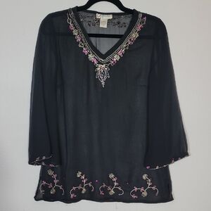 Y2K Dressbarn Sheer Embroidered Tunic Top Size S Fairy Boho Whimsigoth Beaded